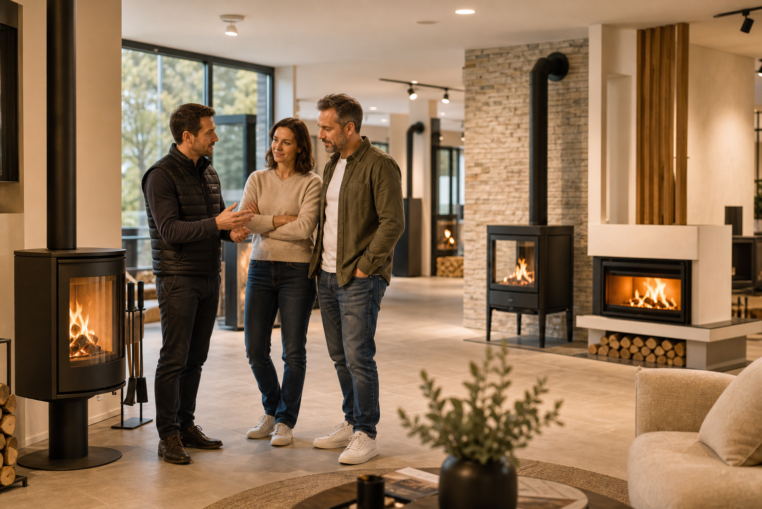 Conseiller Brisach échangeant avec des clients dans un showroom de poêles et cheminées
